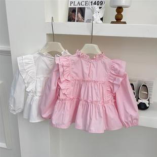 女童洋气纯棉衬衫2024春季新款韩版儿童小飞袖蛋糕衬衫宝宝娃娃衫