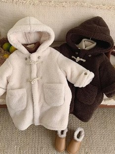 儿童羊羔毛外套韩系冬季男女童加厚保暖中长款大衣加绒连帽毛毛衣