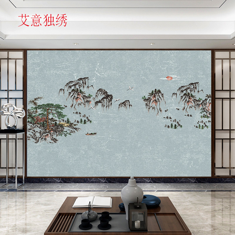 独艾意现代中式绣布独秀刺绣山水新款新古典壁布无缝电视背景墙