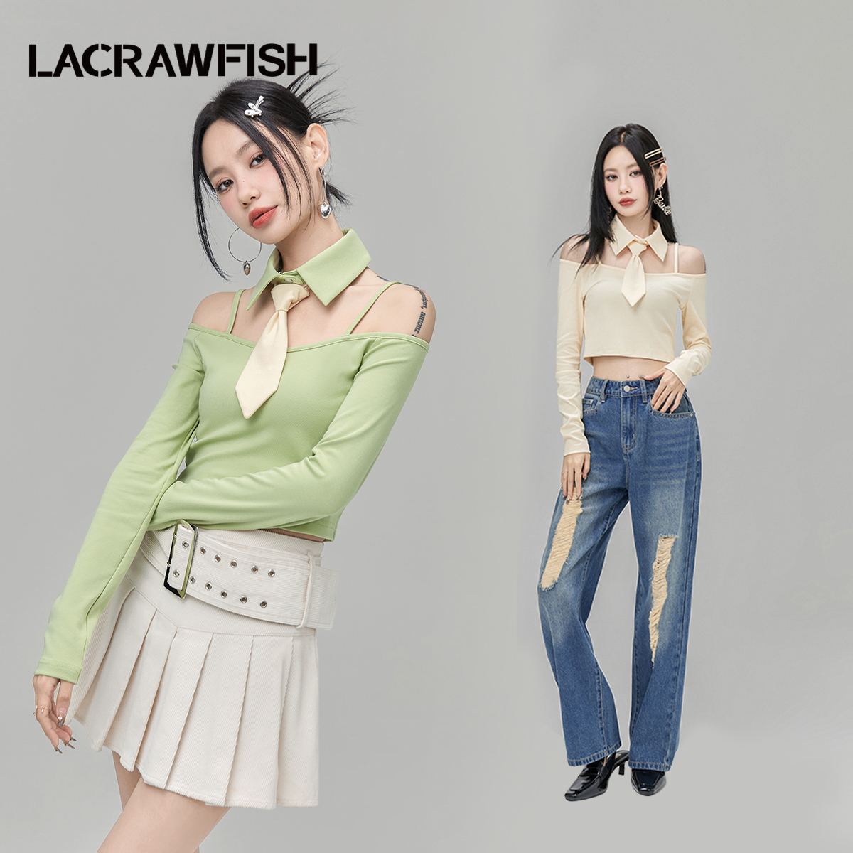 LACRAWFISH 2024新款辣妹可拆卸领带一字领露肩短上衣长袖T恤女