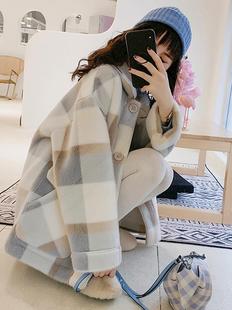 羊羔毛外套女秋冬季2023新款韩版加绒加厚宽松显瘦小个子格子大衣