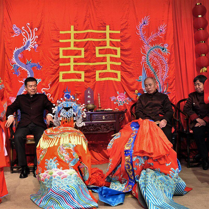 中式拜堂用品布置红布跪垫结婚庆红桌布椅套对联火盆道具牌位马