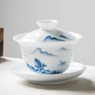 手绘三才盖碗茶杯景德镇白瓷单个青花瓷功夫茶陶瓷茶具中式21728