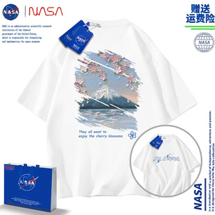 NASA短袖t恤女2024新款情侣百搭男款夏季潮牌半袖上衣服樱花油画