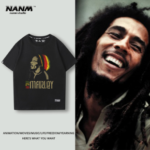 Bob Marley雷鬼短袖T恤男女夏美式复古小众街头滑板宽松潮牌半袖