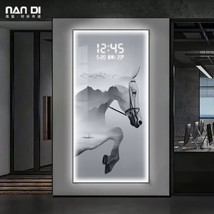 新中式马到成功玄关装饰画数显电子钟表客厅过道挂画创意时钟壁灯