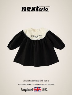 英国Next女童黑色连衣裙秋装长袖2023新款裙子刺绣花边蕾丝公主裙