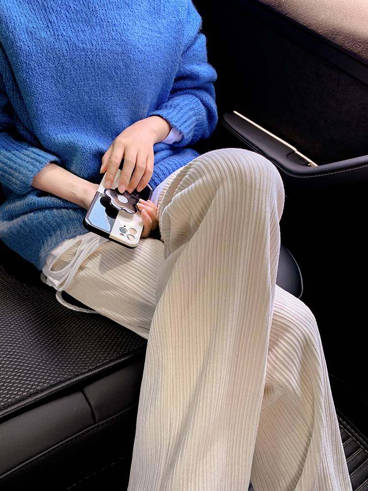 雪尼尔阔腿裤女秋冬高腰直筒垂感胖mm大码加绒白色灯芯绒裤子春秋