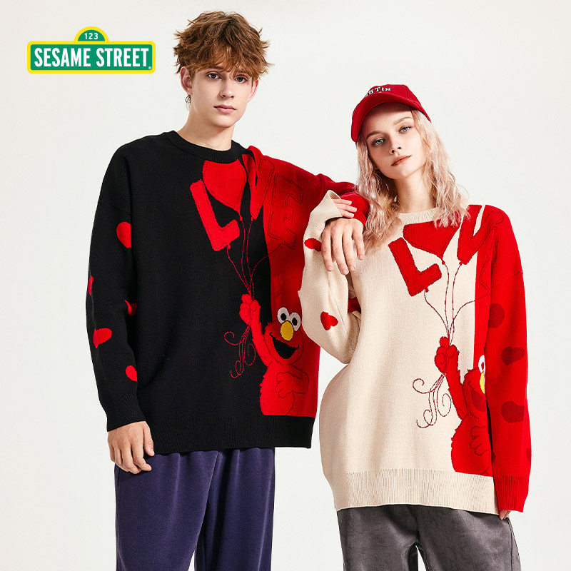 sesame street/芝麻街红色过年毛衣男爱心圣诞圆领针织衫 情侣装