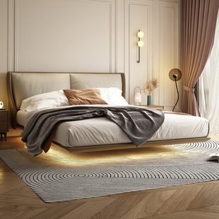 悬浮床意式极简头层牛皮真皮床卧室大床现代简约轻奢双人床软包床