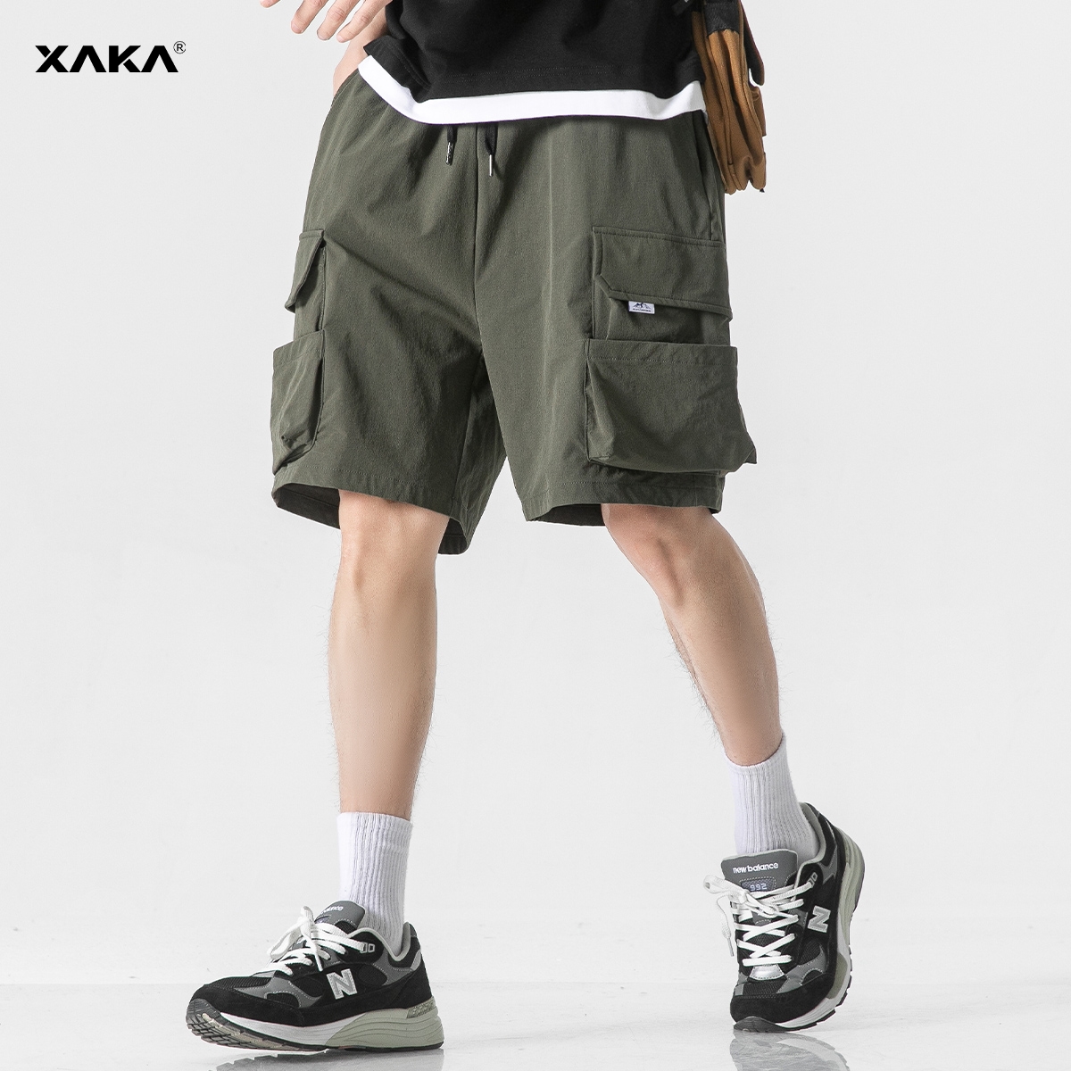 XAKA夏季新款美式工装军绿色短裤男多口袋设计薄款冰丝速干五分裤