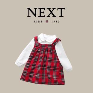 英国next女宝宝长袖衬衫红色英伦风格子背带裙套装儿童洋气两件套