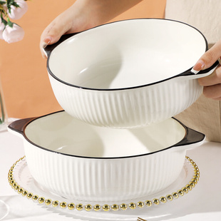 10英寸双耳竖纹大汤碗创意日式简约风格大汤盆大容量加厚陶瓷家用