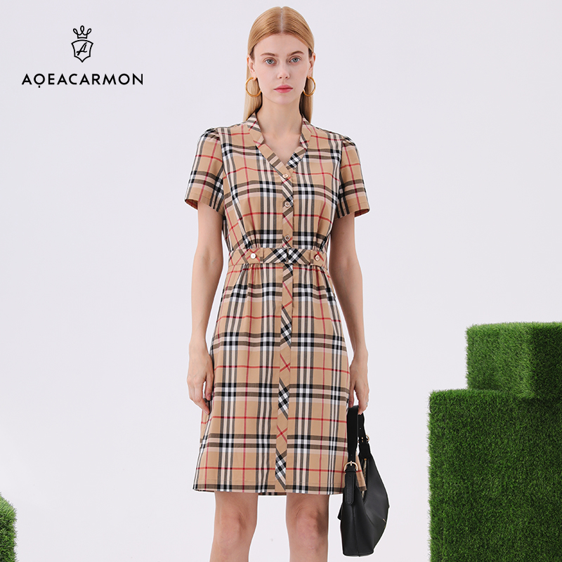 aqeacarmon雅格上美格子连衣裙a字裙春款女装2022年新款v领连衣裙