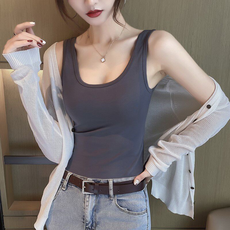 黑色吊带背心女内搭春秋季夏打底外穿美背t恤纯棉无袖小众上衣u领