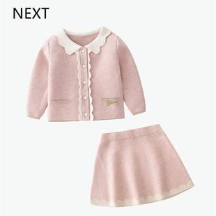 英国NEXT女童秋装粉色小香风宝宝针织开衫外套裙子两件套时髦洋气