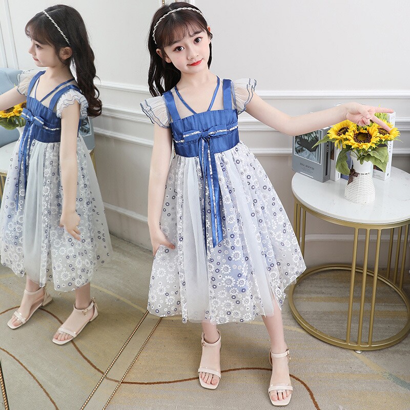 女童连衣裙夏装2021新款韩版中大童洋气网纱裙子小女孩飞袖公主裙