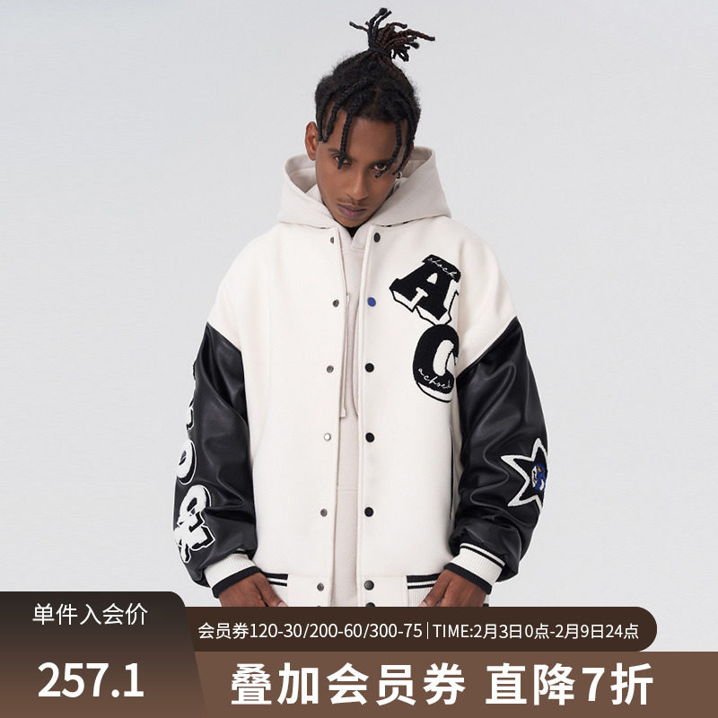 achock原创国潮简约ac植绒刺绣棒球服宽松单排扣趣味印花夹克外套