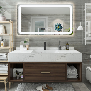 新品新中式岩板无缝衔接陶瓷一体双盆智能镜卫生间台面定制浴室柜