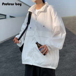 ProteusBoy外套男春秋夏季薄款男士工装连帽防晒衣服白色休闲夹克