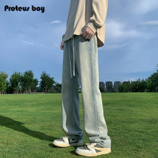 ProteusBoy牛仔裤男款春秋夏季复古宽松直筒男士磨白水洗休闲长裤