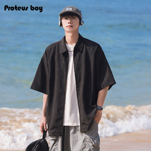 ProteusBoy短袖衬衫男款夏季男士易打理休闲宽松拉链黑色衬衣外套