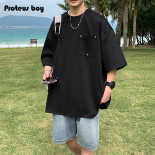 ProteusBoy短袖t恤男夏季款男生美式圆领五角星铆钉上衣针织半袖T