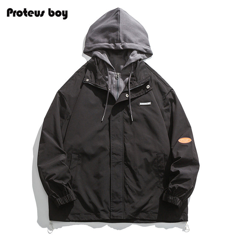 proteusboy夹克男休闲2022新款春秋装男士假两件连帽复古外套潮牌