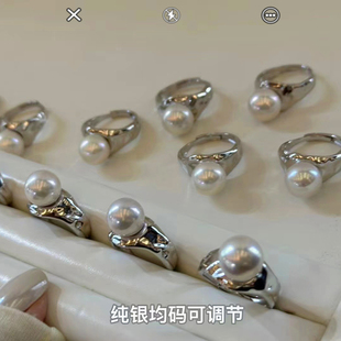 S925纯银肌理感宽版戒指冷淡风高级感轻奢小众指环天然淡水珍珠女
