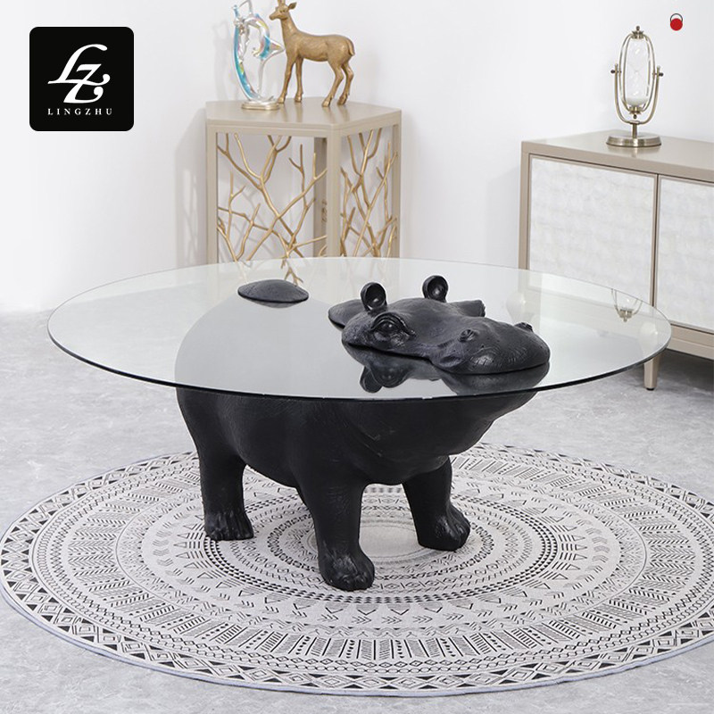轻奢圆形钢化玻璃茶几设计师创意动物河马茶几现代网红玻璃钢茶几