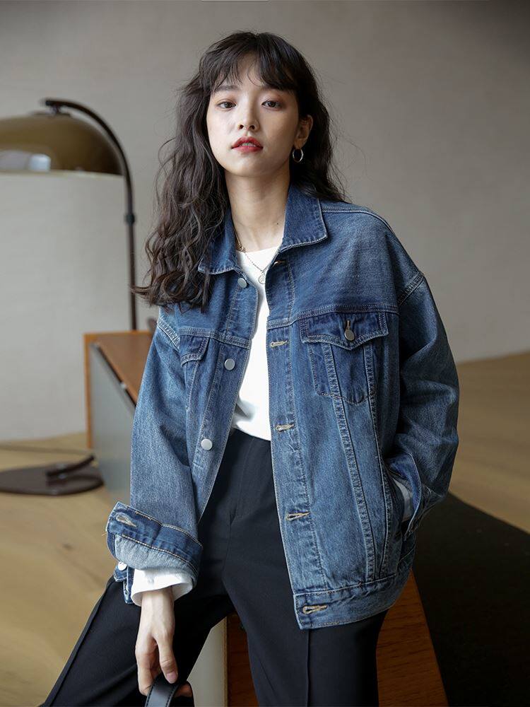味牛仔外套女2021秋季新款潮宽松韩版bf百搭深色牛仔衣—cosplay女装