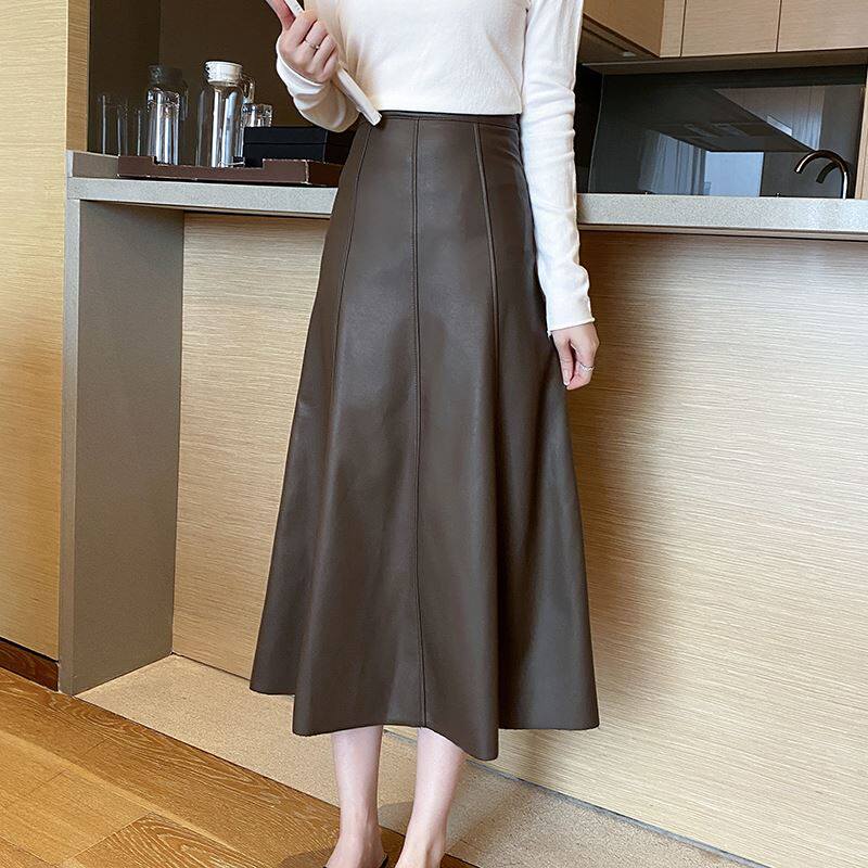 2021春秋季新款高腰皮裙子a字裙女秋冬赫本风半身裙中长款百褶裙