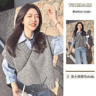 两件套装韩系简约v领灰色短款毛衣背心针织衫马甲女+蓝色长袖衬衫