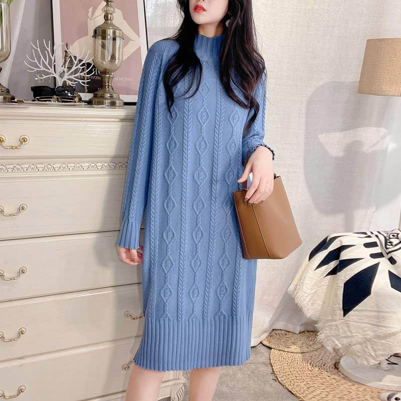 羊毛针长织连衣裙女2022新款早春宽麻ckn裙花半高领过膝中款毛衣