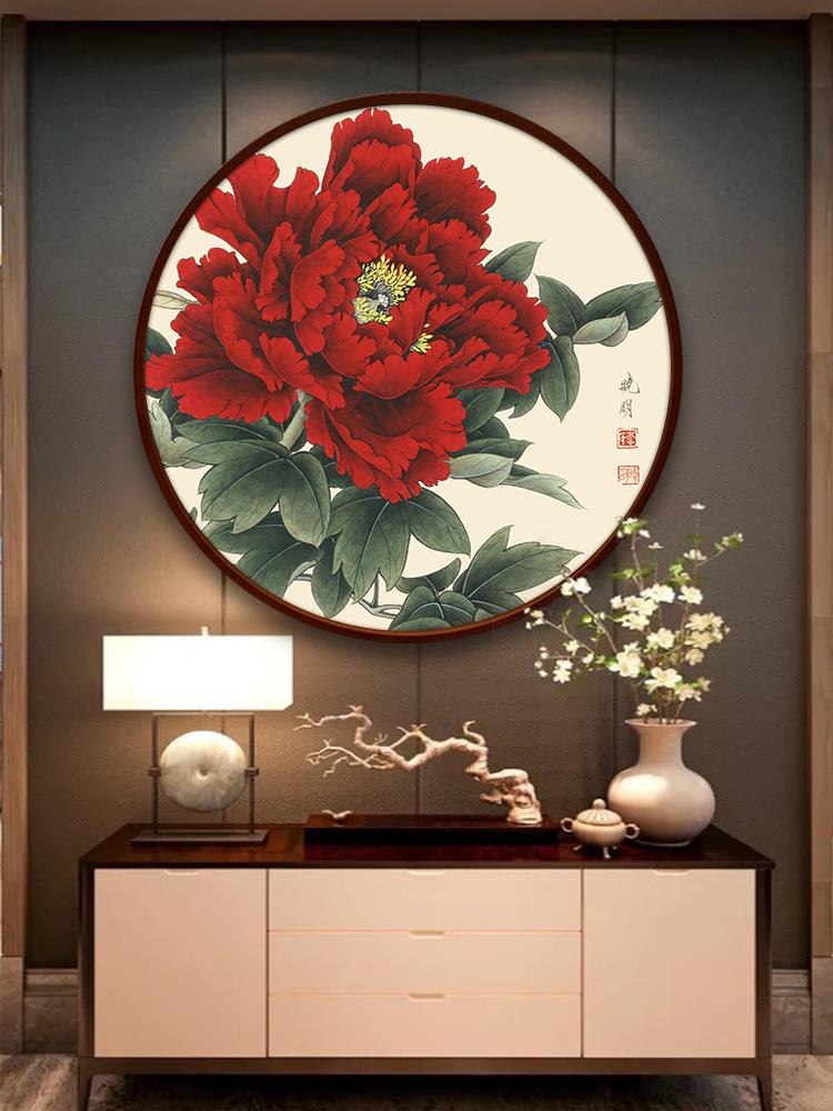 牡丹花挂画客厅装饰画玄关中堂背景墙壁圆形新中式壁画花开富贵图