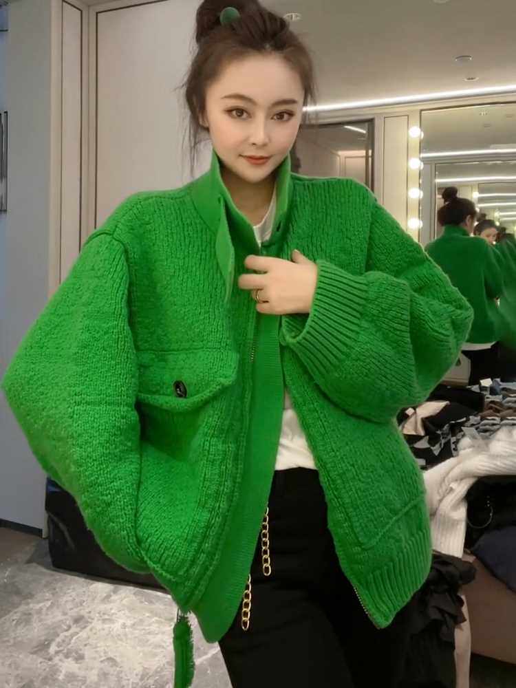 欧洲站绿色重工双拉链立领毛衣外套2021冬季新品宽松针织衫上衣女