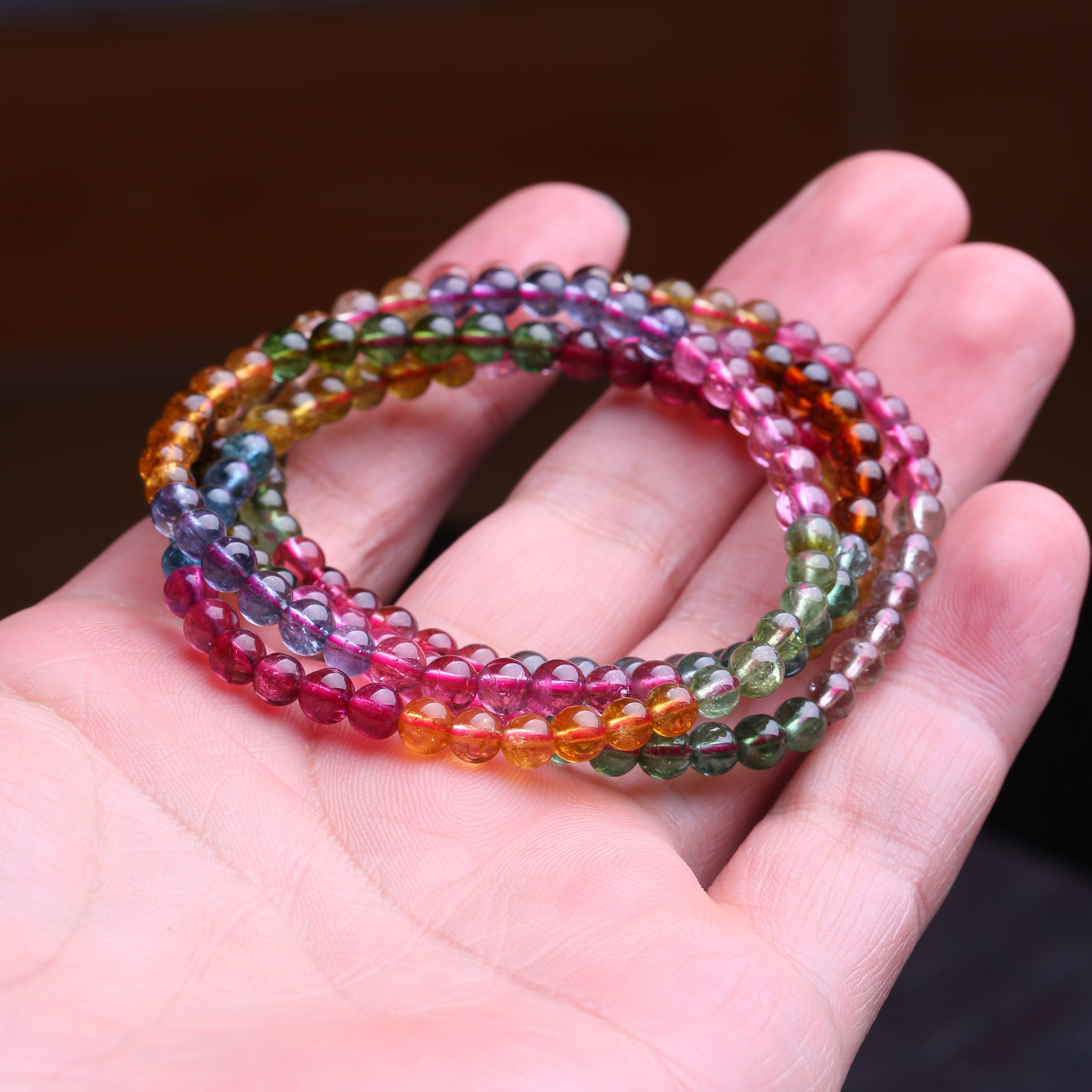 天然艳丽 彩虹色 油润 碧玺珠手链 多圈26.14克 老矿料