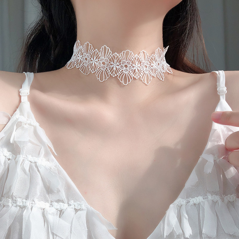 高档大花朵蕾丝choker项圈s925纯银项链女锁骨链短款颈带脖子饰品