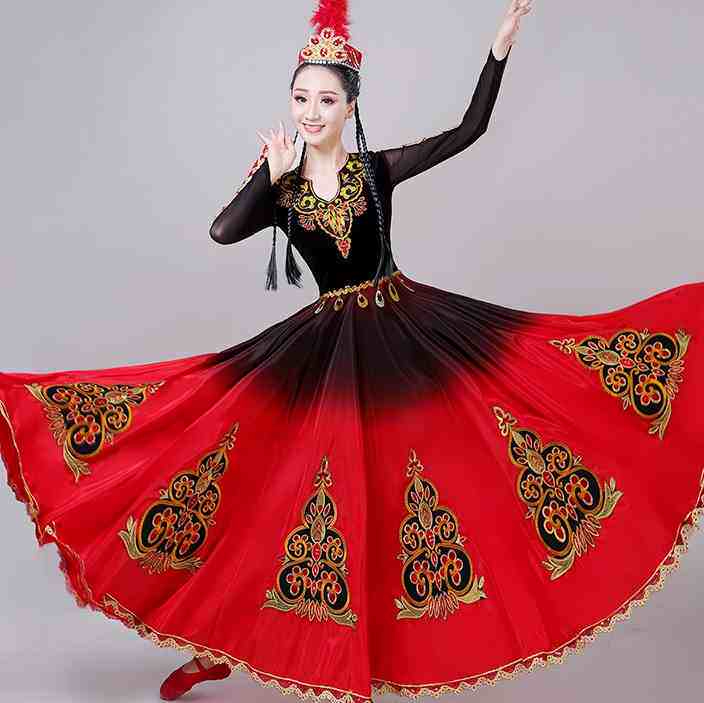 新疆舞蹈服装女民族现代新款维吾尔族艺考演出服饰连衣长裙大摆裙