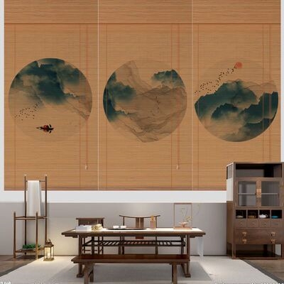 日式复古印花竹帘卷帘子升降窗帘挂画茶室家用装饰v遮光隔断卷门