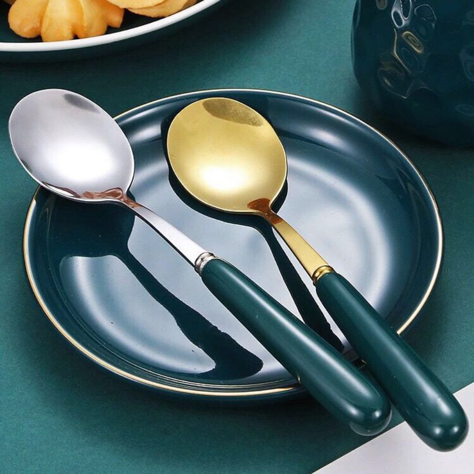 【墨绿银4支精品勺子】创意可爱精品勺子不锈钢勺西餐主餐吃饭勺