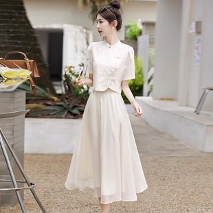新中式国风连衣裙女2024夏季新款气质仙女白色提花改良旗袍套装裙