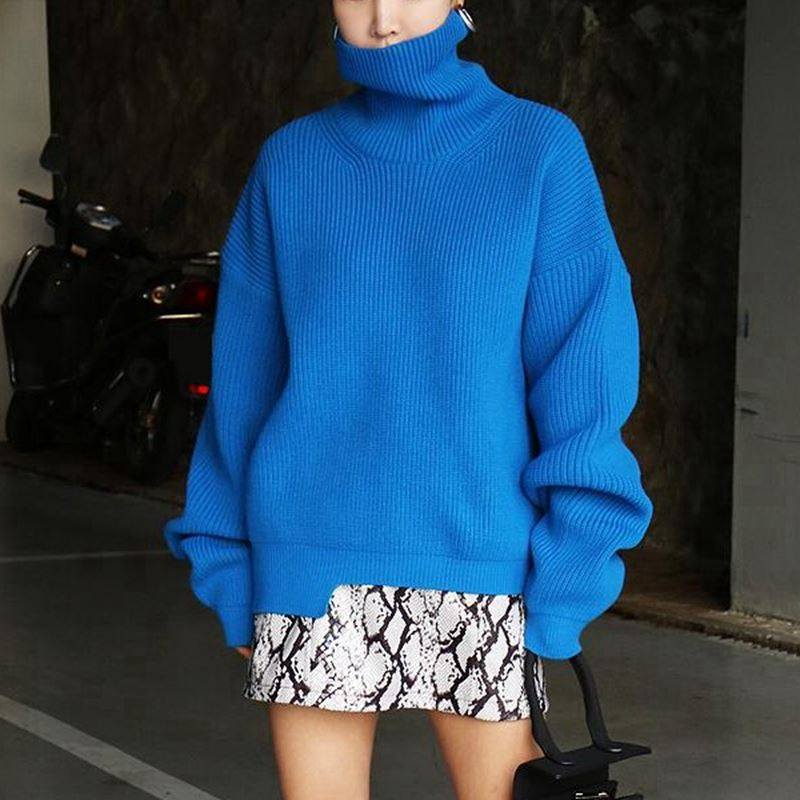 克莱因蓝色高领毛衣女秋冬慵懒风宽松很仙的中长款套头针织衫外穿