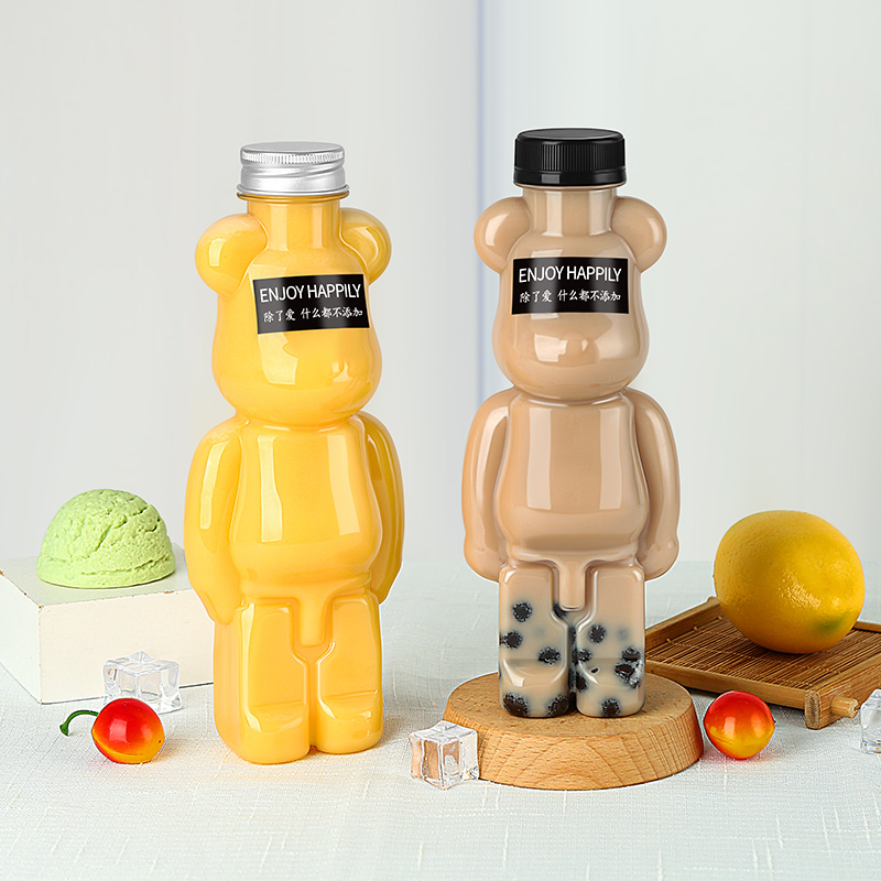 网红小熊奶茶杯子带盖加厚食品级塑料商用一次性果汁暴力熊饮料瓶