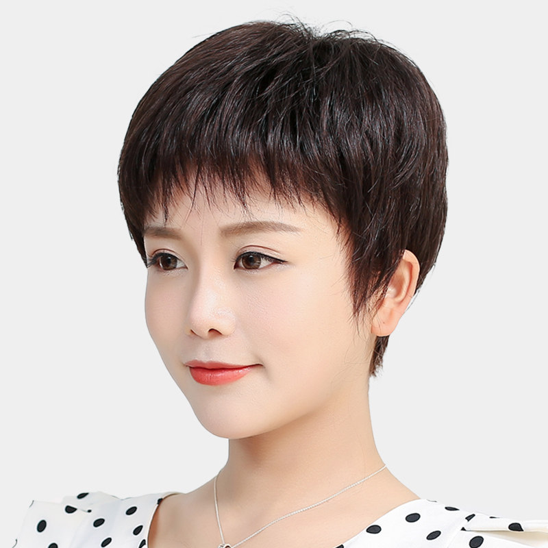 真发假发女短发全真人发丝全头套式中老年妈妈假发套头套全真自然