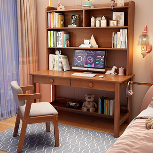 新品全实木儿童书桌书架一体学习桌家用卧室台式办公电脑桌学生写
