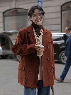 复古灯芯绒西装外套女秋冬冬季夹棉加厚西服2022新款黑白