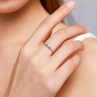 新款925纯银叶子镶钻戒指女欧美小众设计闭口指环ins网红细戒
