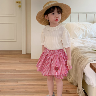 夏季两件套韩版女爱心裙裤针织T恤洋气儿童新款童套装2023格子