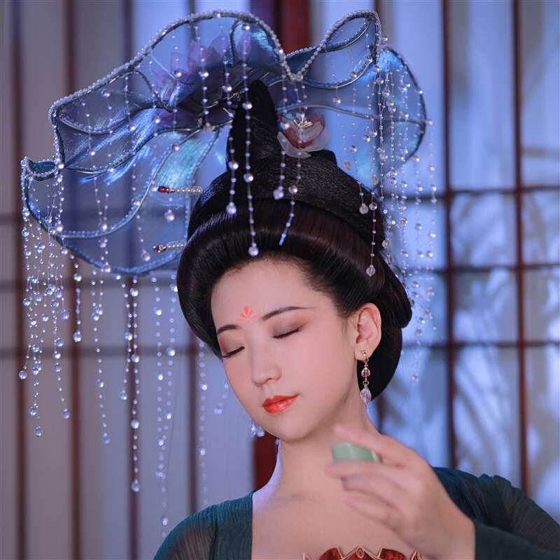 蝉鸣知夏凌波仙杨贵妃凌波舞荷叶帽流苏汉服头饰古风配饰